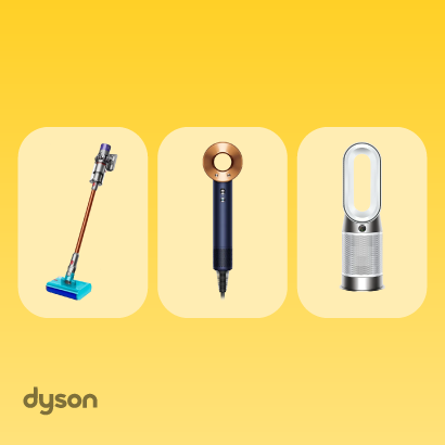Uz dzeltena fona 3 dažādas dyson ierīces