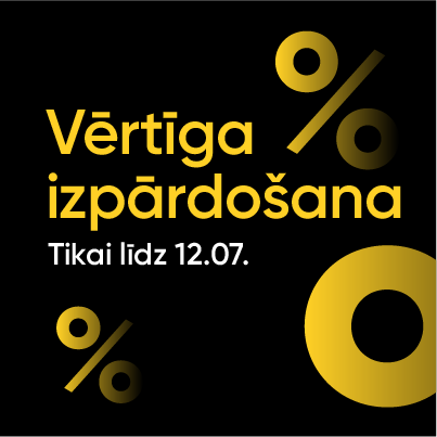 Uz melna fona dzelteniem burtiem rrakstīts vērtīga izpārdošana