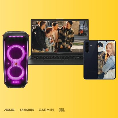 ASUS klēpjdators, Samsung viedtālrunis, JBL skaļrunis un Garmin zīmols uz dzeltena fona.