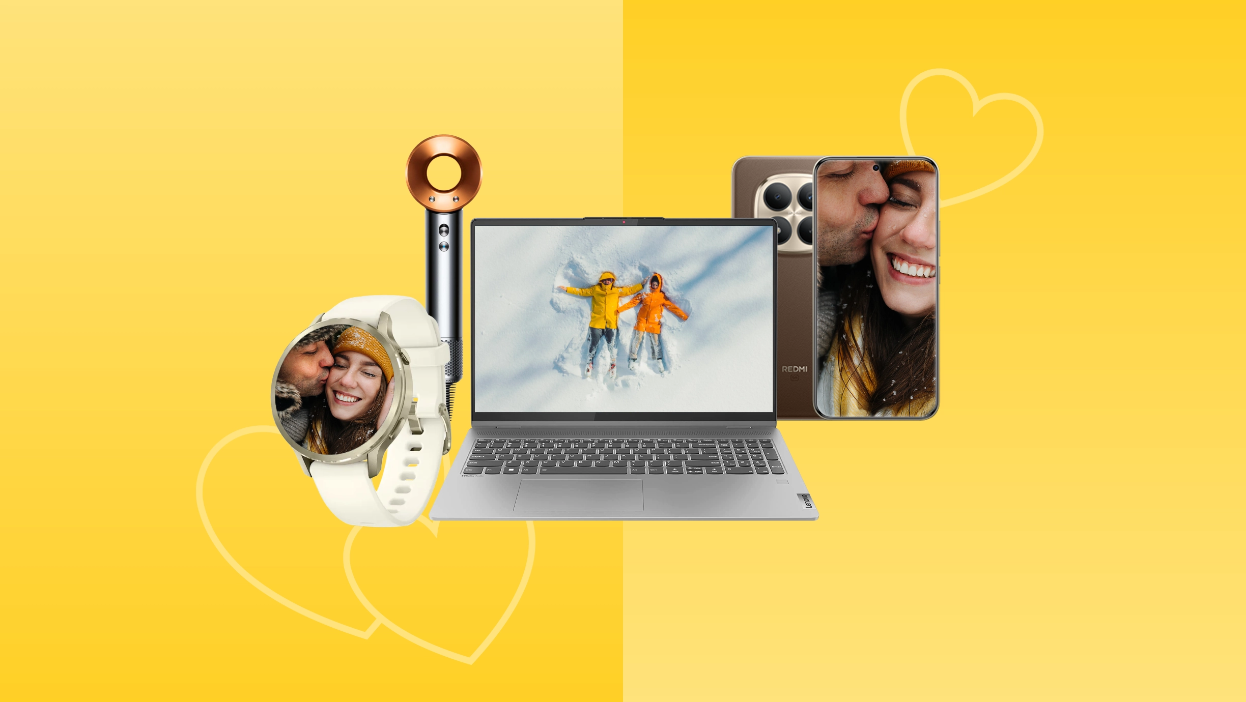 Valentīndienas izpārdošana, uz dzeltena fona ar sirsniņām dažādās iekārtas