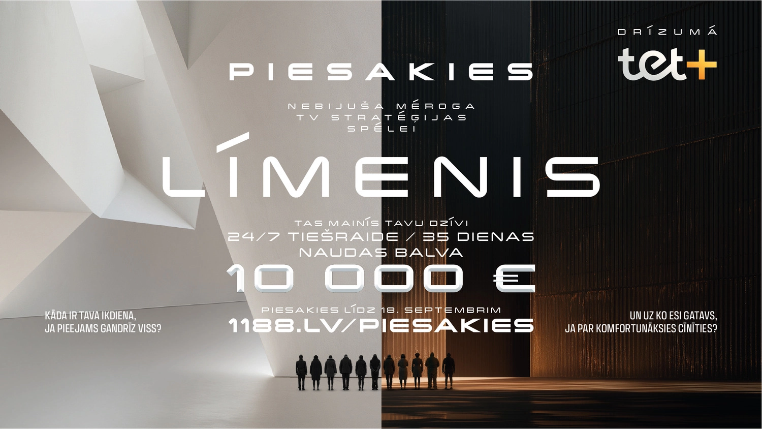 Reklāmas attēls ar cilvēku siluetiem un tekstu “Piesakies līmenis”.
