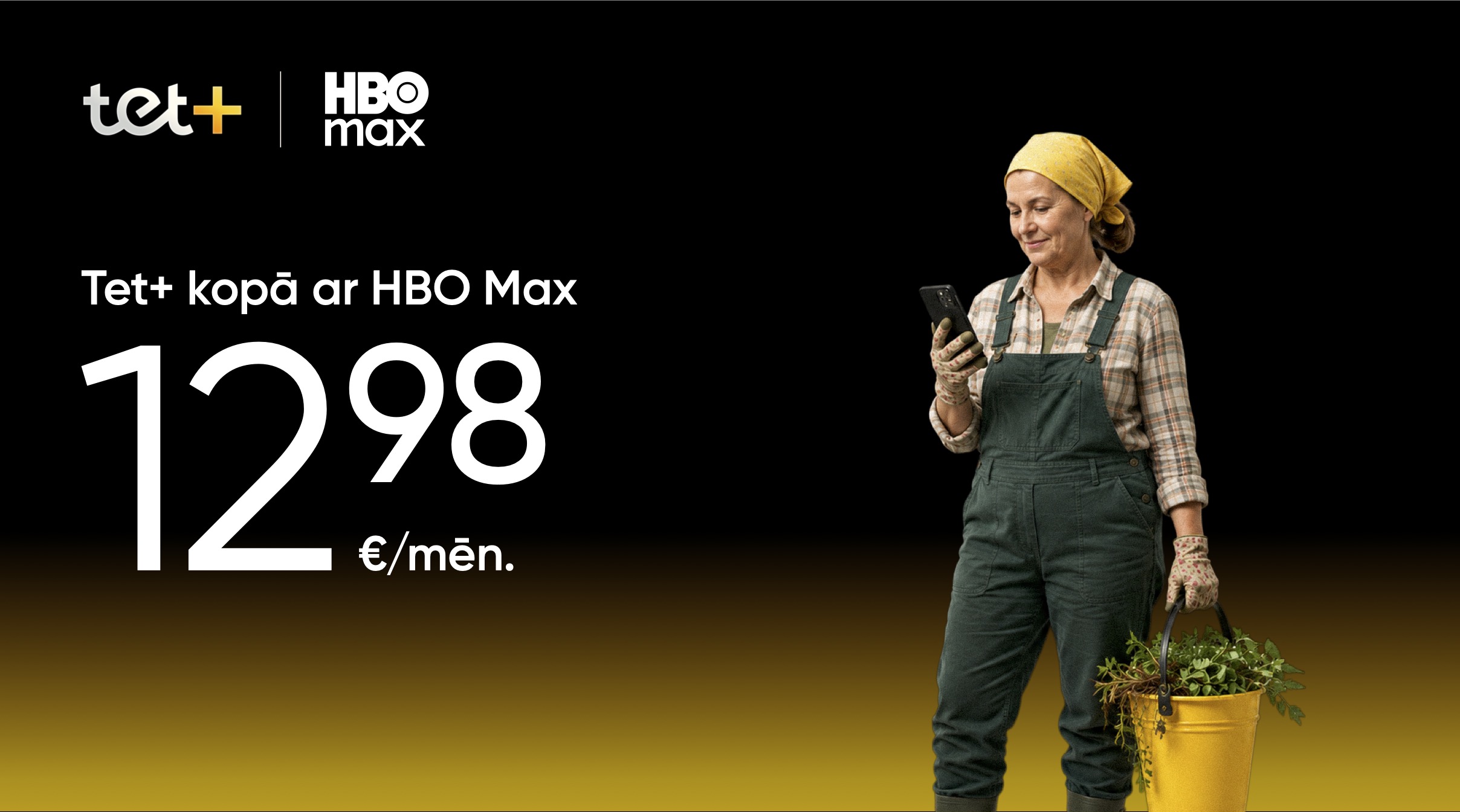 Tet+ un HBO Max piedāvājums par 12,98 €/mēn.; sieviete dārza apģērbā tur telefonu un spaini ar augiem.