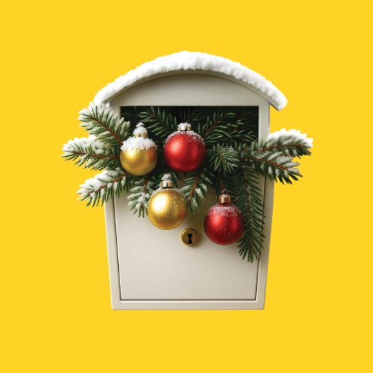 Balta pastkastīte ar Ziemassvētku rotājumiem uz vāka - egļu zariem un sarkanām, zelta un sudraba bumbām. Kreisajā pusē teksts: Lielā Tet klientu loterija. Laimē gadu bez rēķiniem. Akcija: 20.11.2025.–13.01.2026.