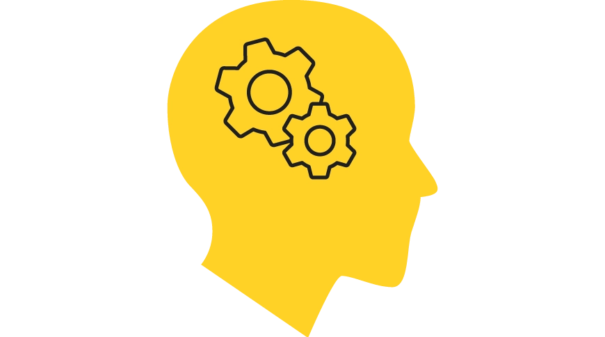 Dzeltena cilvēka silueta ikona ar diviem zobratiem galvas iekšpusē, simbolizējot domāšanu, analītiku vai kognitīvos procesus.”