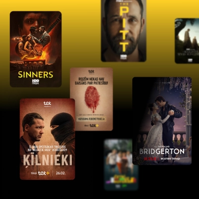 Plakātu kolāža ar filmām un seriāliem uz dzeltena fona.