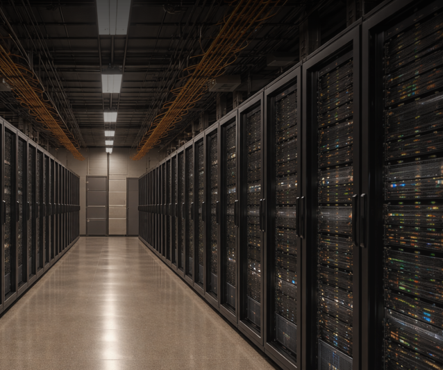 Moderns datu centrs ar serveru skapjiem rindās, stikla durvīm un spilgtu LED apgaismojumu, kas atspīd uz grīdas, radot tīru un tehnoloģisku vidi.