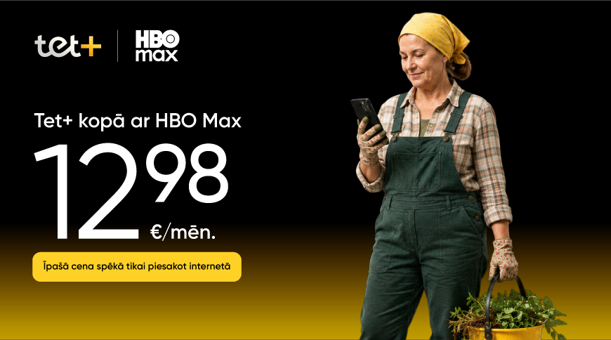 Tet+ un HBO Max piedāvājums par 12,98 €/mēn.; sieviete dārza apģērbā tur telefonu un spaini ar augiem.