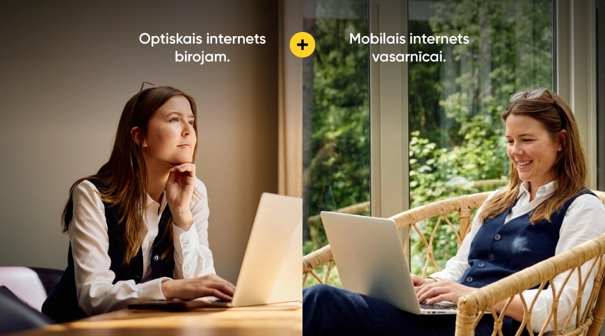Sadalīts attēls ar sievieti, kas strādā pie klēpjdatora birojā un vasarnīcā, ilustrējot optiskā interneta birojam un mobilā interneta vasarnīcai kombināciju.