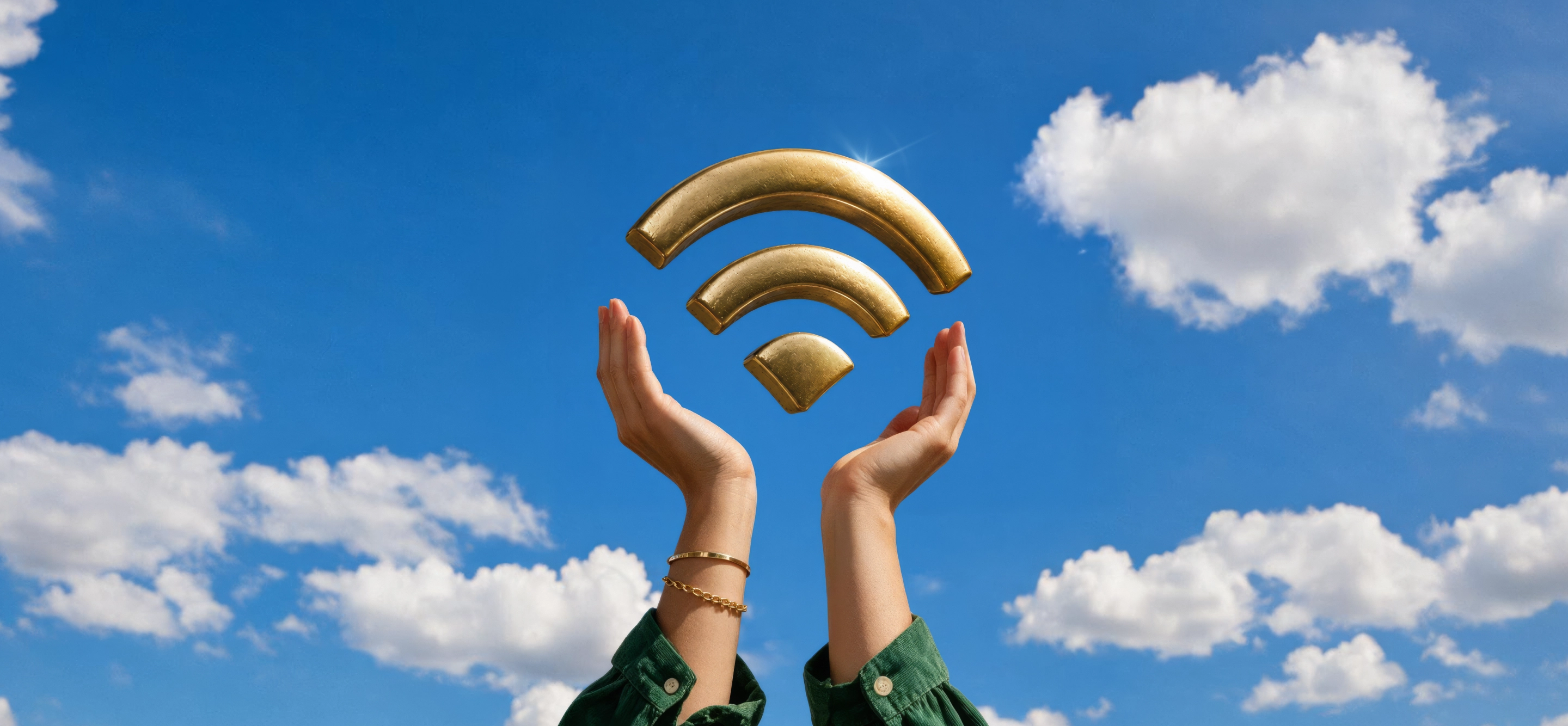 Rokas pret debesīm tur wifi ikonu