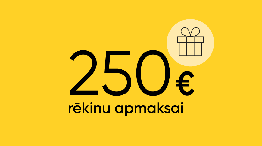 250 € rēķinu apmaksai ar dāvanas ikonu uz dzeltena fona.