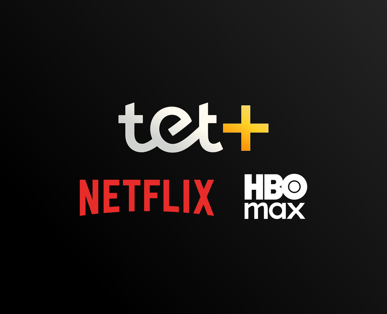 Tet+ satura platformas reklāmas vizuālis ar Netflix un HBO Max logotipiem uz tumša fona.