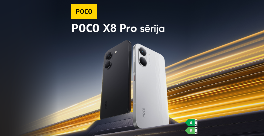 Uz tumši zila fona Poco X8, ar gaismas stariem