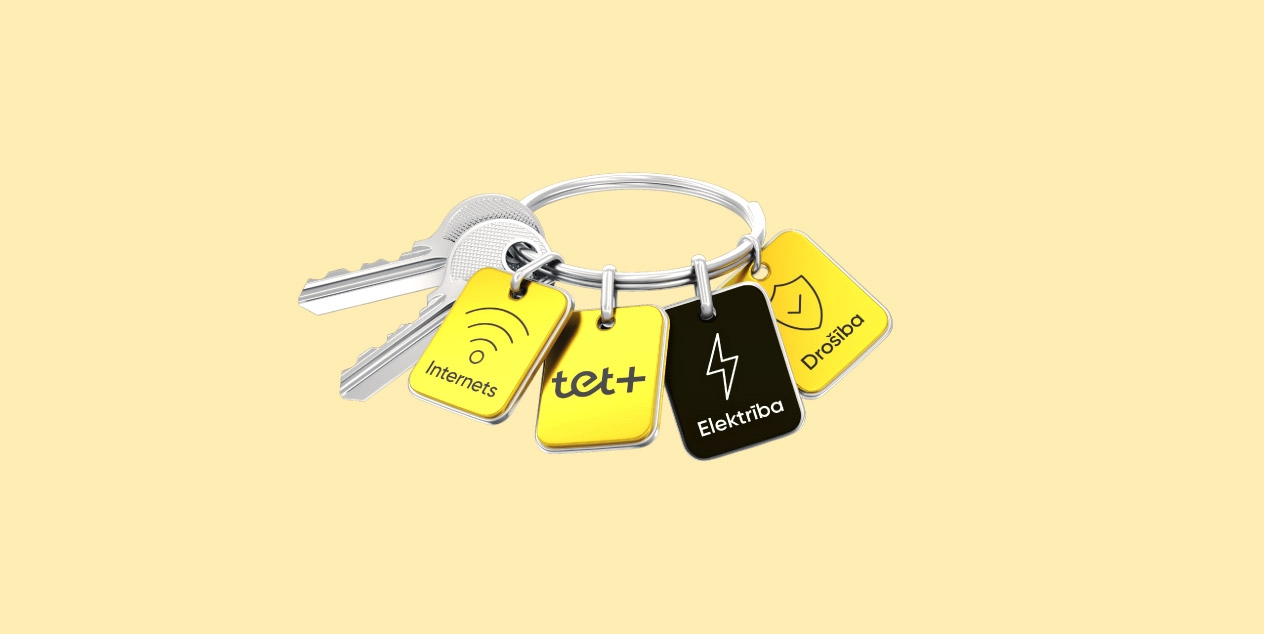Atslēgu piekariņš uz gaiši dzeltena fona ar sudraba atslēgām un četriem krāsainiem piekariņiem: "Internets" ar Wi‑Fi ikonu, "tet+" logotips, "Elektrība" ar zibens simbolu un "Drošība" ar vairoga ikonu, attēlojot Tet pakalpojumu komplektu.