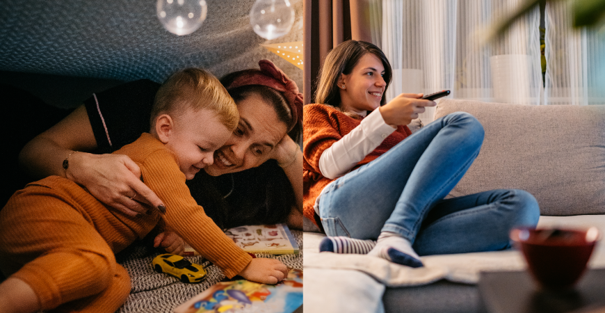 Divas bildes saliktas kopā, vienā mazs bērniņs ar mammu spēlējas, otrā sieviete smaidīga sēž dīvānā