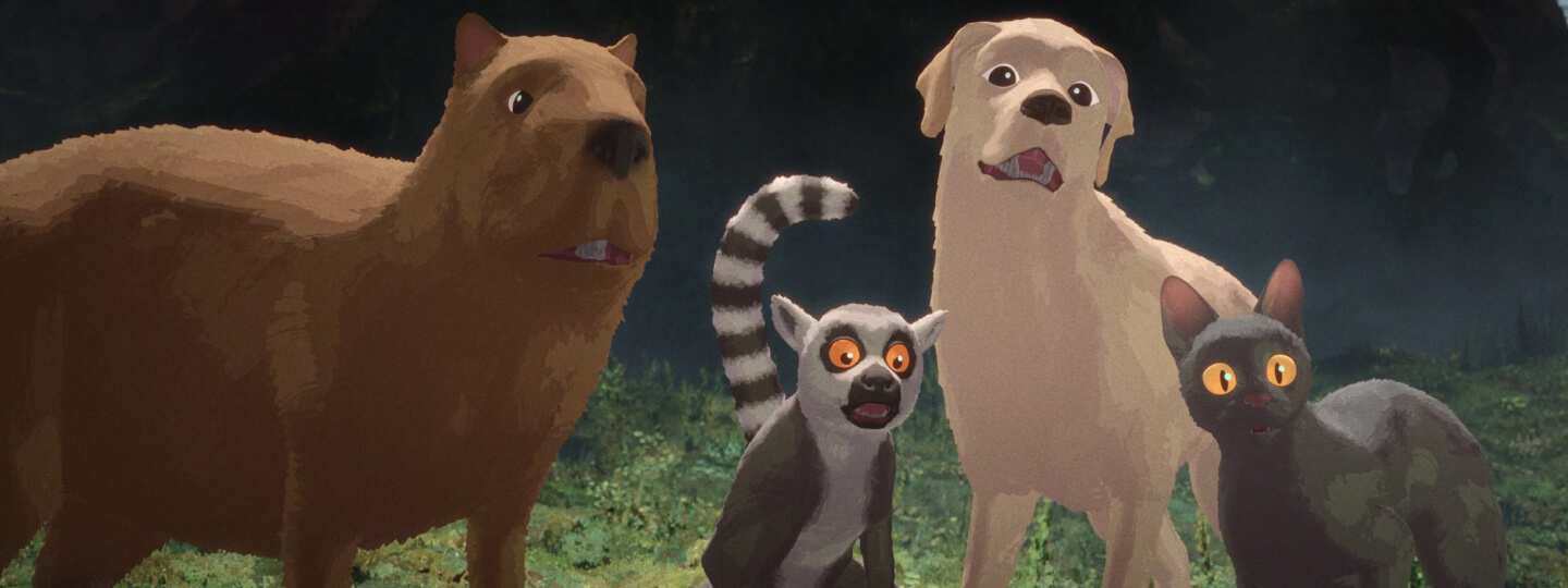 Kapibara, lemūrs, gaišs labradora retrīvera šķirnes suns un melns kaķis skatās, fonā džungļu daba