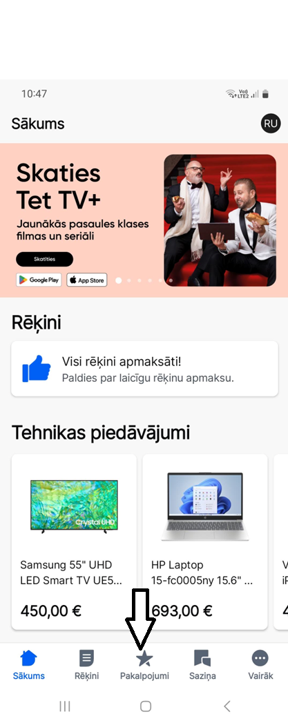 Mans Tet lietotnes sākumlapa