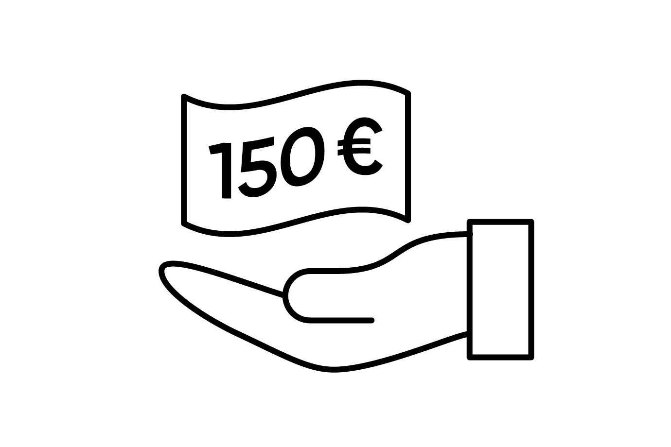 Stilizēta roka tur dzeltenu banknoti ar uzrakstu 150 eur