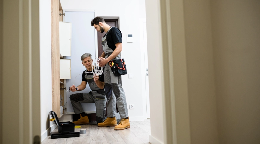 Tehniķi uzstāda interneta iekārtas gaišā telpā