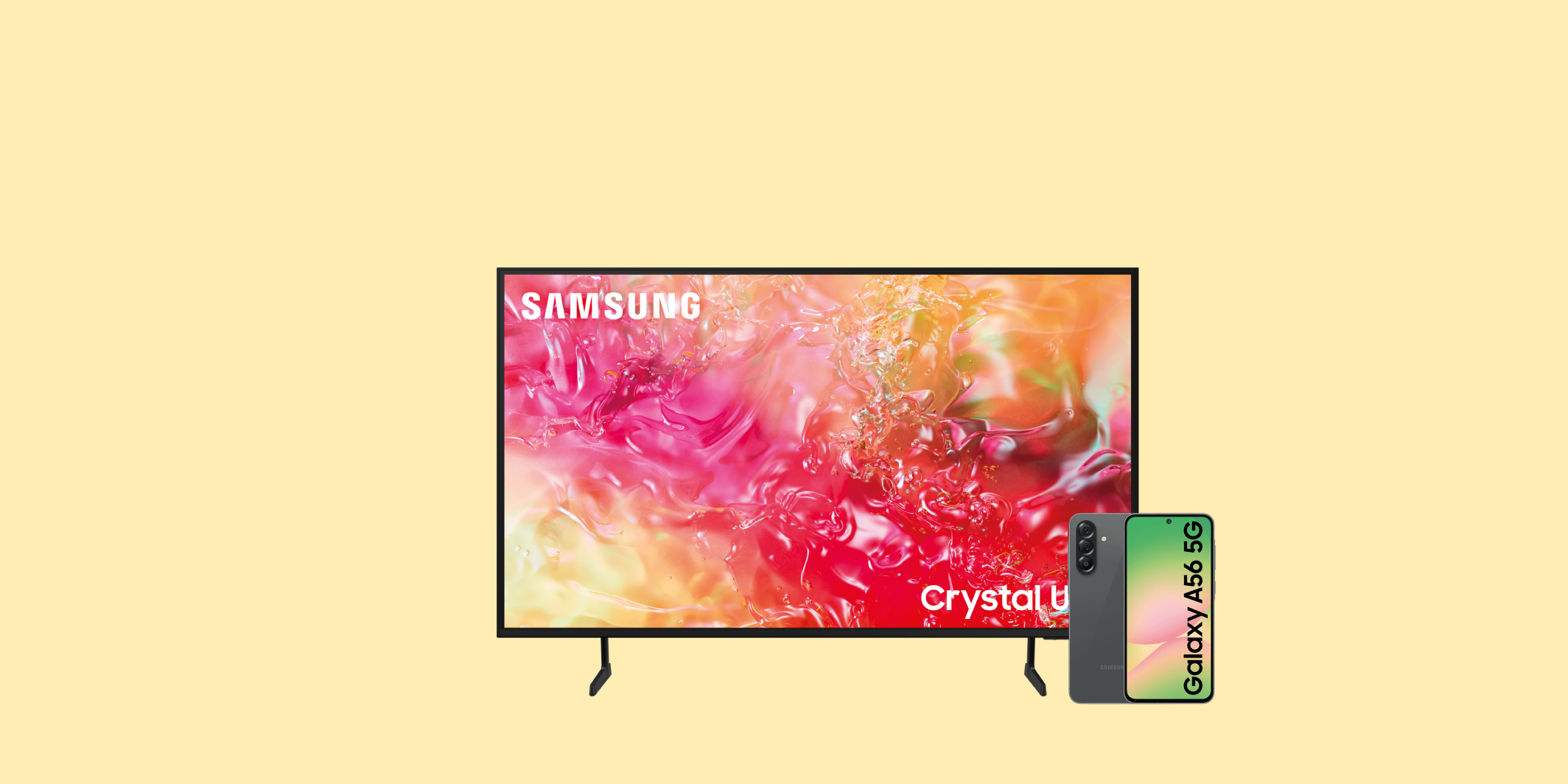 Samsung televizors ar košu, abstraktu ekrāna attēlu, bet labajā pusē priekšplānā — Samsung Galaxy viedtālrunis uz gaiši dzeltena fona.
