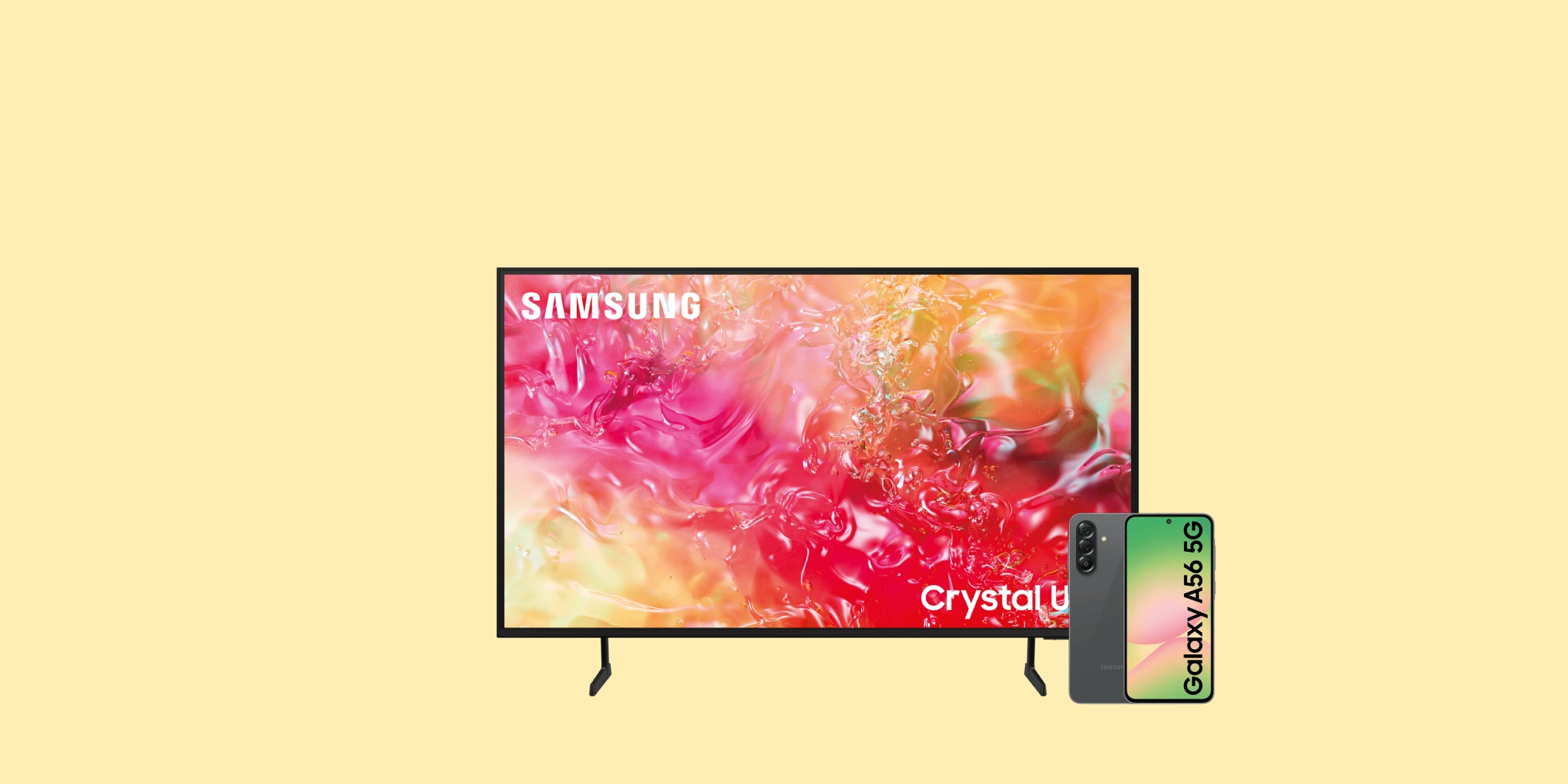 Samsung televizors ar košu, abstraktu ekrāna attēlu, bet labajā pusē priekšplānā — Samsung Galaxy viedtālrunis uz gaiši dzeltena fona.