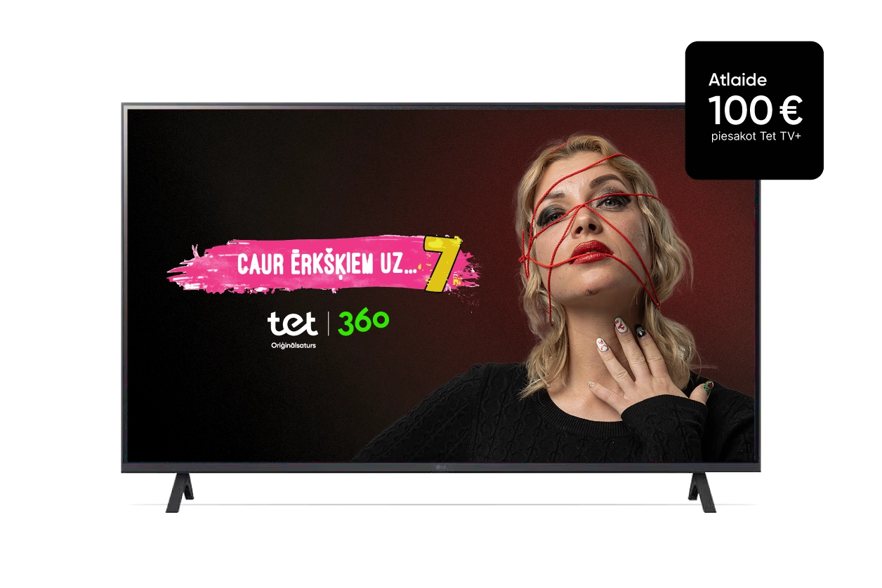 LG televizora vizuālis ar 100 € atlaides nozīmīti — atlaide, piesakot Tet TV+
