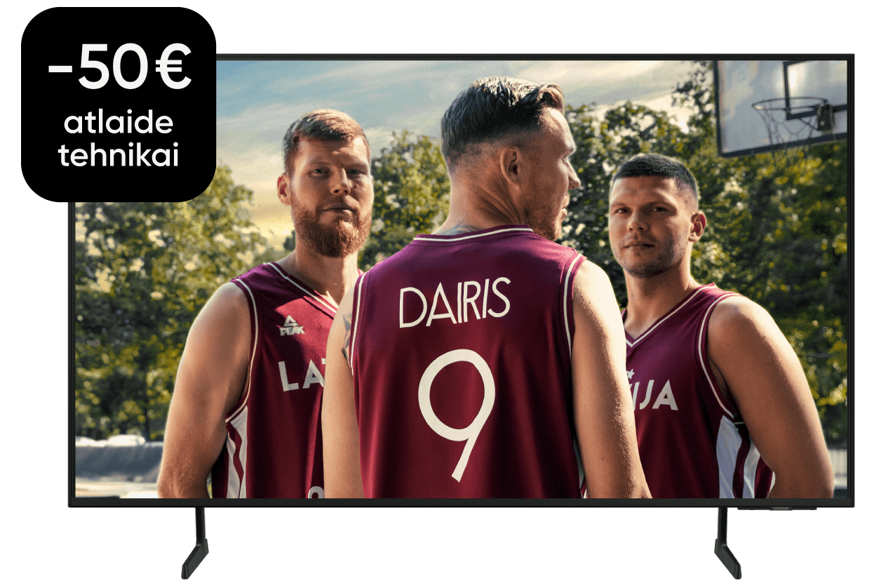 3 Latvijas izlases basketbolisti televizora ekrānā - Dāvis un Dairis Bertāni un Rihards Lomažs. Piedāvājums: 50 € atlaide tehnikai.