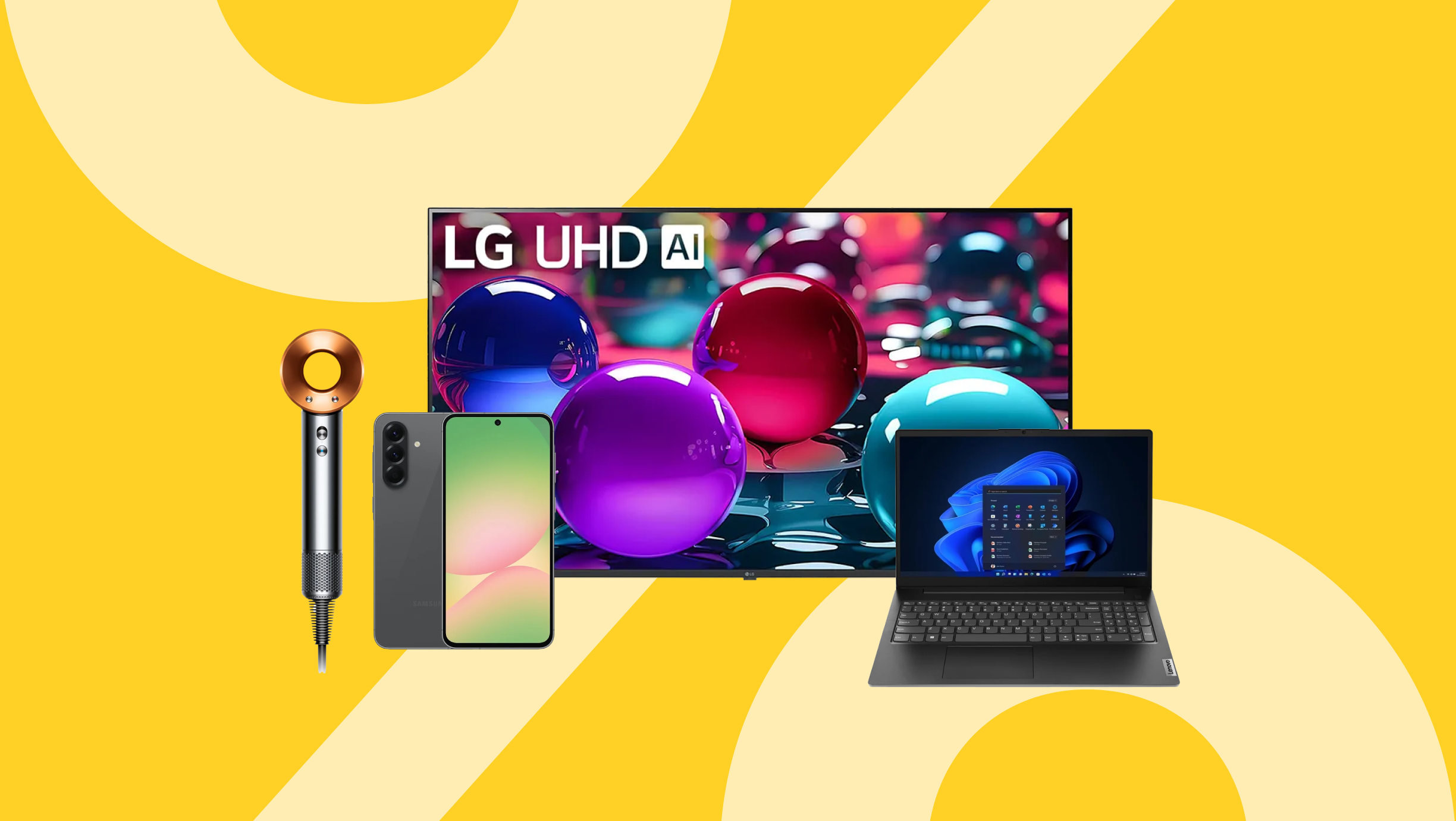 Dažādas iekārtas uz dzeltena fona