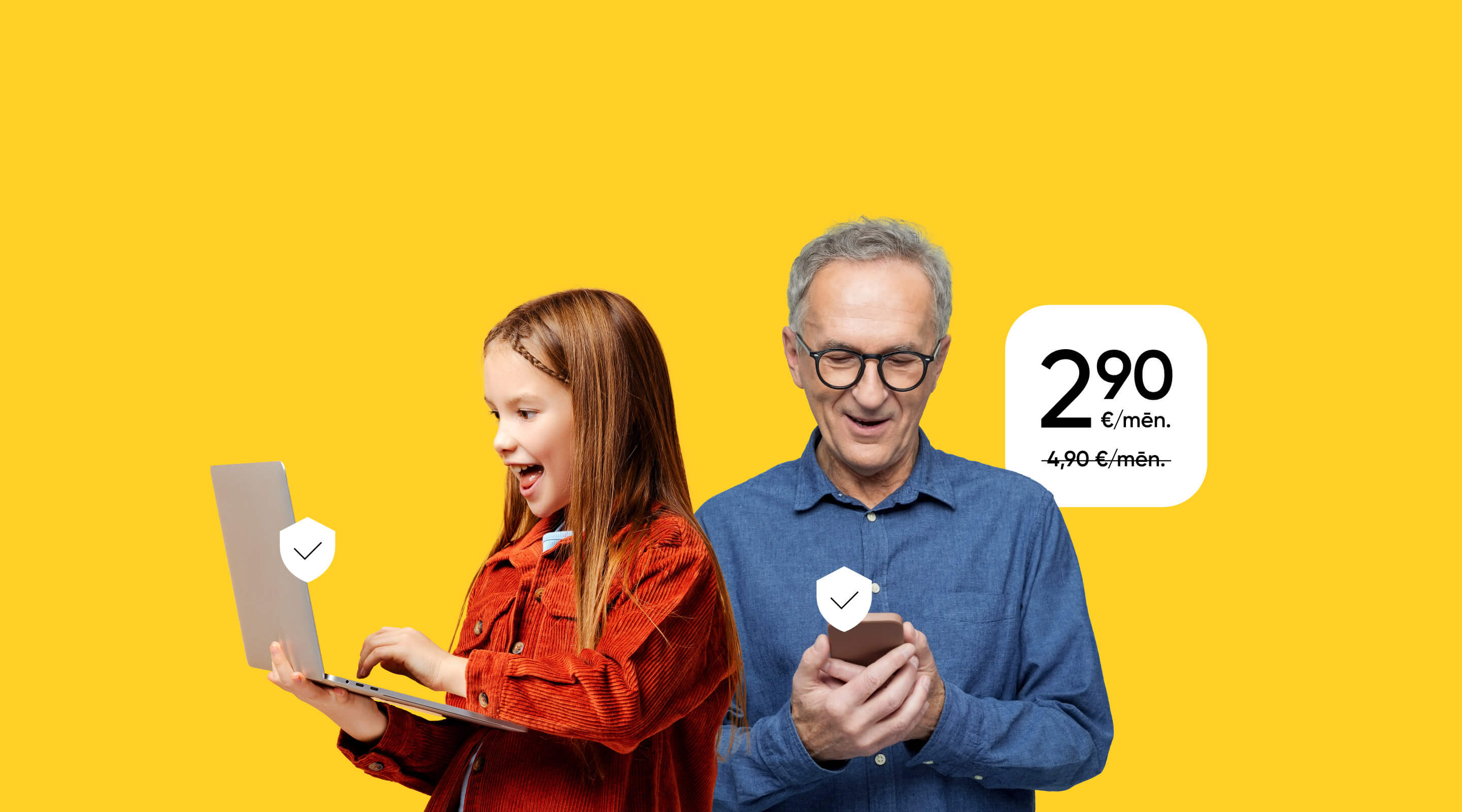 priecīga meitene ar portatīvo datoru un smaidošs vīrietis ar viedtālruni, fons koši dzeltens, reklāma par 2,90 €/mēn
