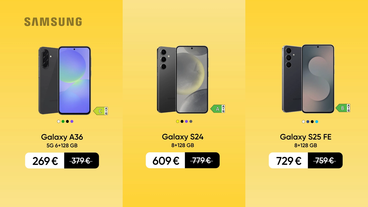 Samsung viedtālruņu akcija: Galaxy A36, Galaxy S24 un Galaxy S25 FE ar atlaidēm uz dzeltena fona.