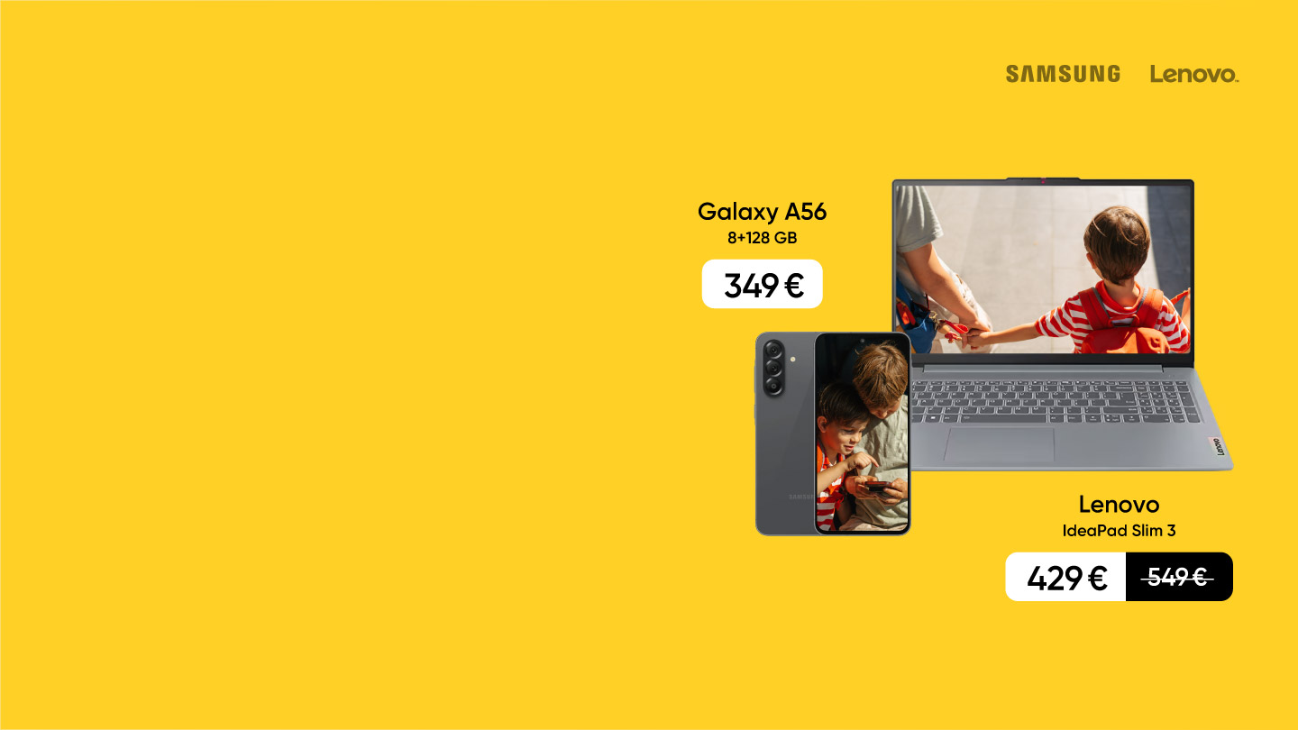 Galaxy A56 telefons 349 €. Samsung UHD viedtelevizors 55 collas 339 €. Lenovo IdeaPad Slim 3 portatīvais dators 429 €. Cena ar atlaidi.