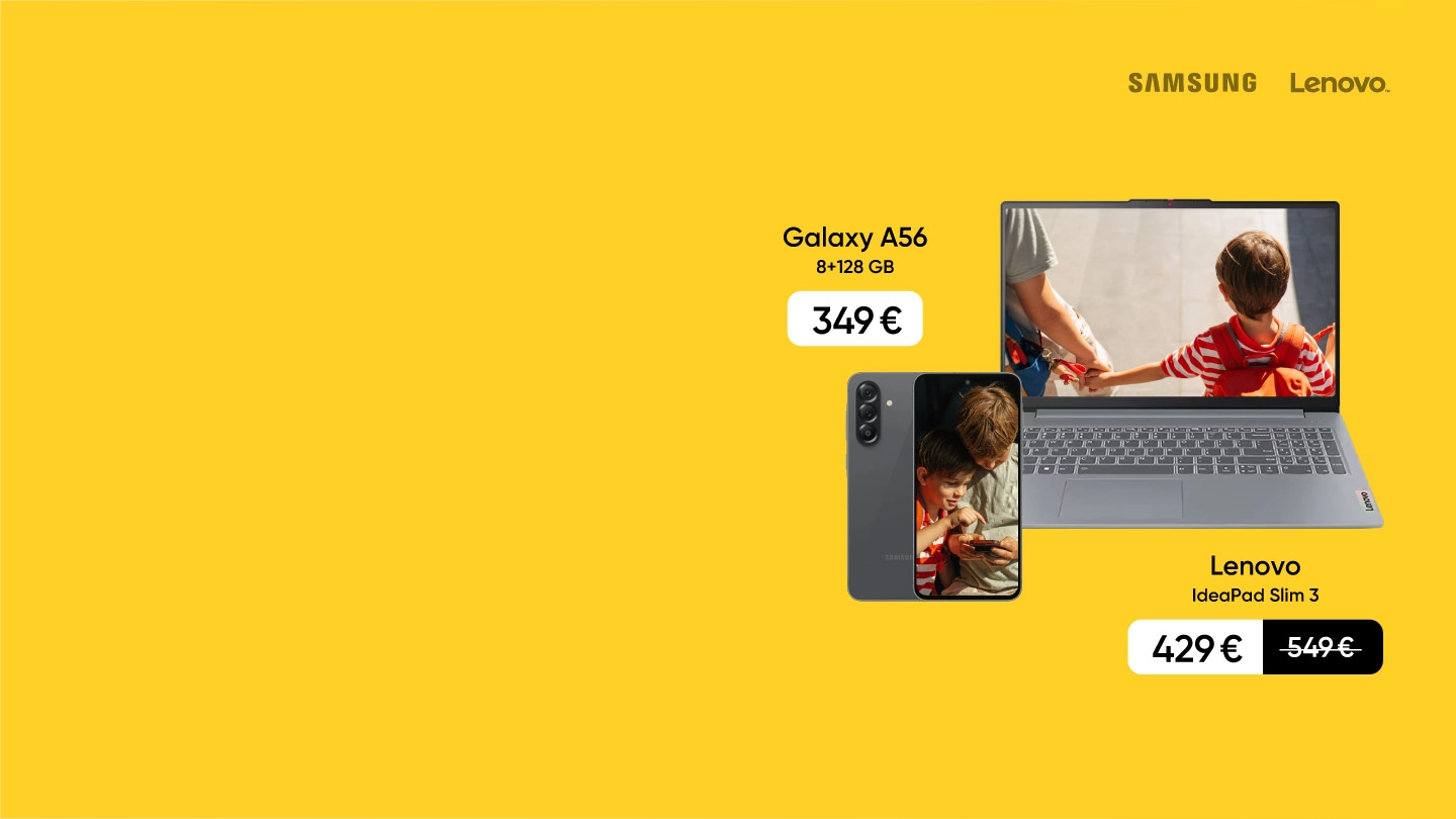 Galaxy A56 telefons 349 €. Samsung UHD viedtelevizors 55 collas 339 €. Lenovo IdeaPad Slim 3 portatīvais dators 429 €. Cena ar atlaidi.