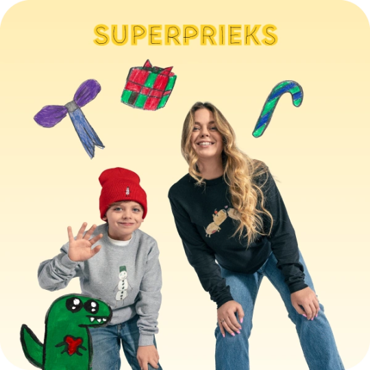 Sieviete un zēns Ziemassvētku džemperos. Fonā bērnu zīmējumi - Ziemassvētku eglīte, dāvana, konfekte, tauriņš un zaļš dinozaurs. Augšpusē teksts