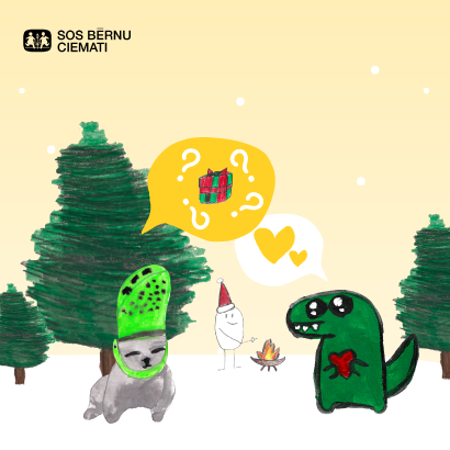 Bērnu zīmējumi - Ziemassvētku eglīte, dāvana, konfekte, tauriņš un zaļš dinozaurs. Augšpusē teksts 