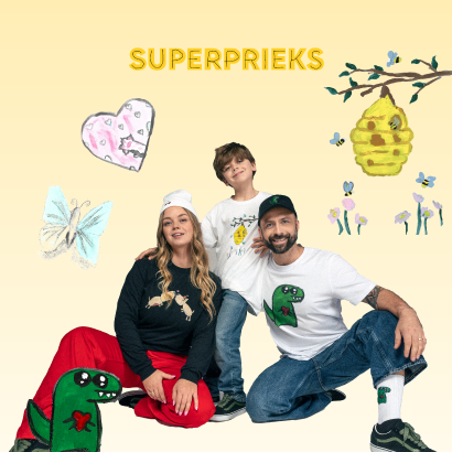 Bērnu zīmējumi uz džemperiem. Augšpusē teksts