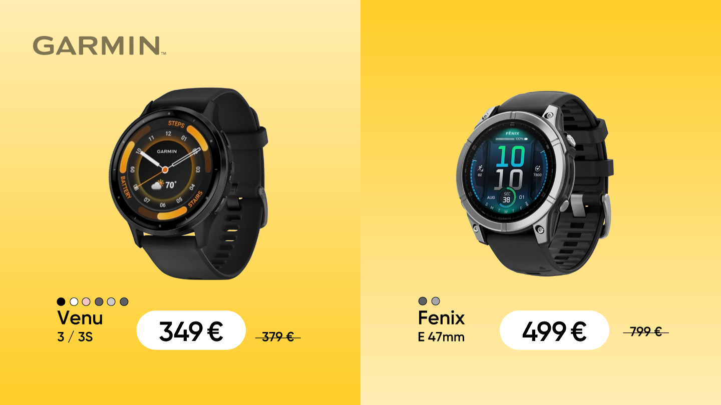 Garmin Venu 3/3S pulkstenis maksā 349 € (iepriekš 379 €), Fenix E 47mm – 499 € (iepriekš 799 €). Abiem melns dizains un akcijas cenas.