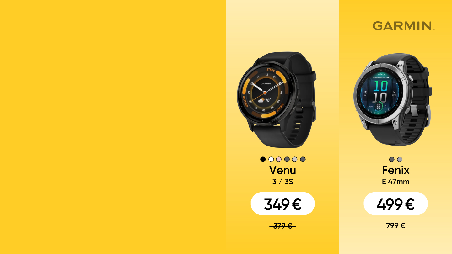Garmin Venu 3/3S pulkstenis maksā 349 € (iepriekš 379 €), Fenix E 47mm – 499 € (iepriekš 799 €). Abiem melns dizains un akcijas cenas.