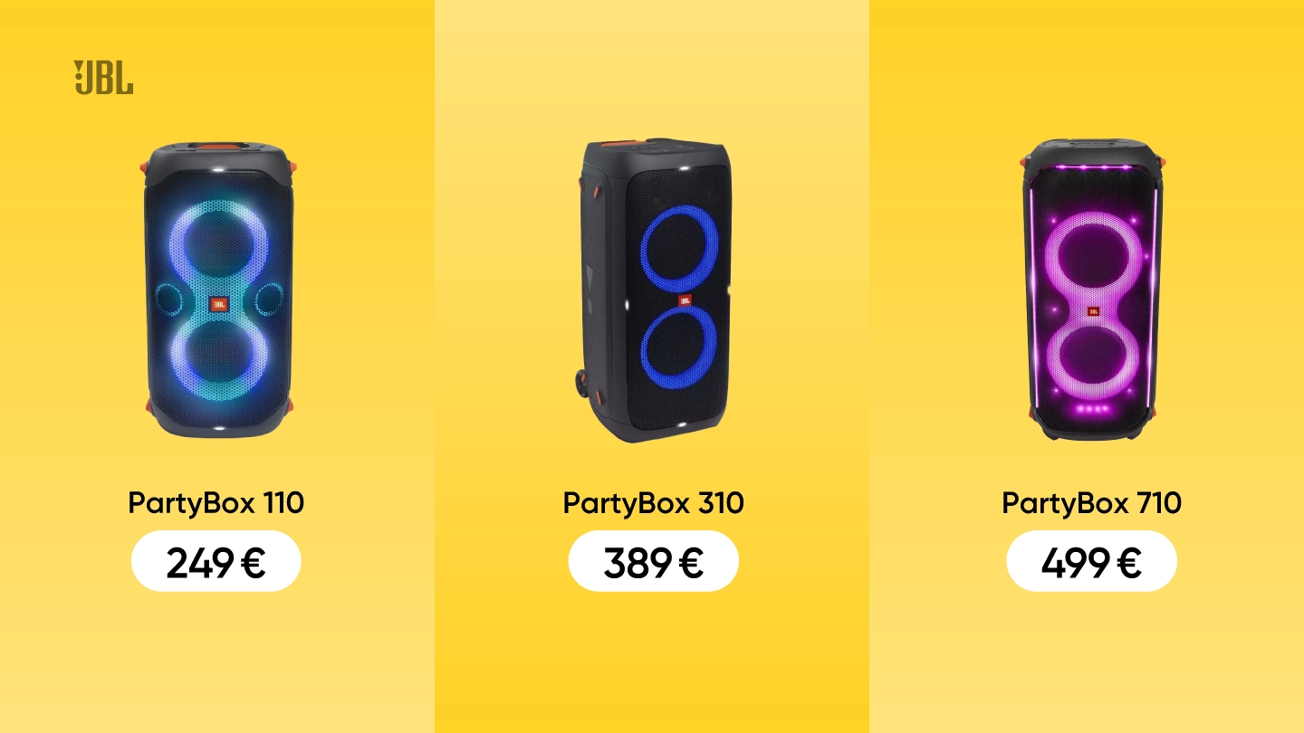 JBL skaļruņi PartyBox 110, 310 un 710 ar LED apgaismojumu un cenām: 249 €, 389 €, 499 € uz dzeltena fona.