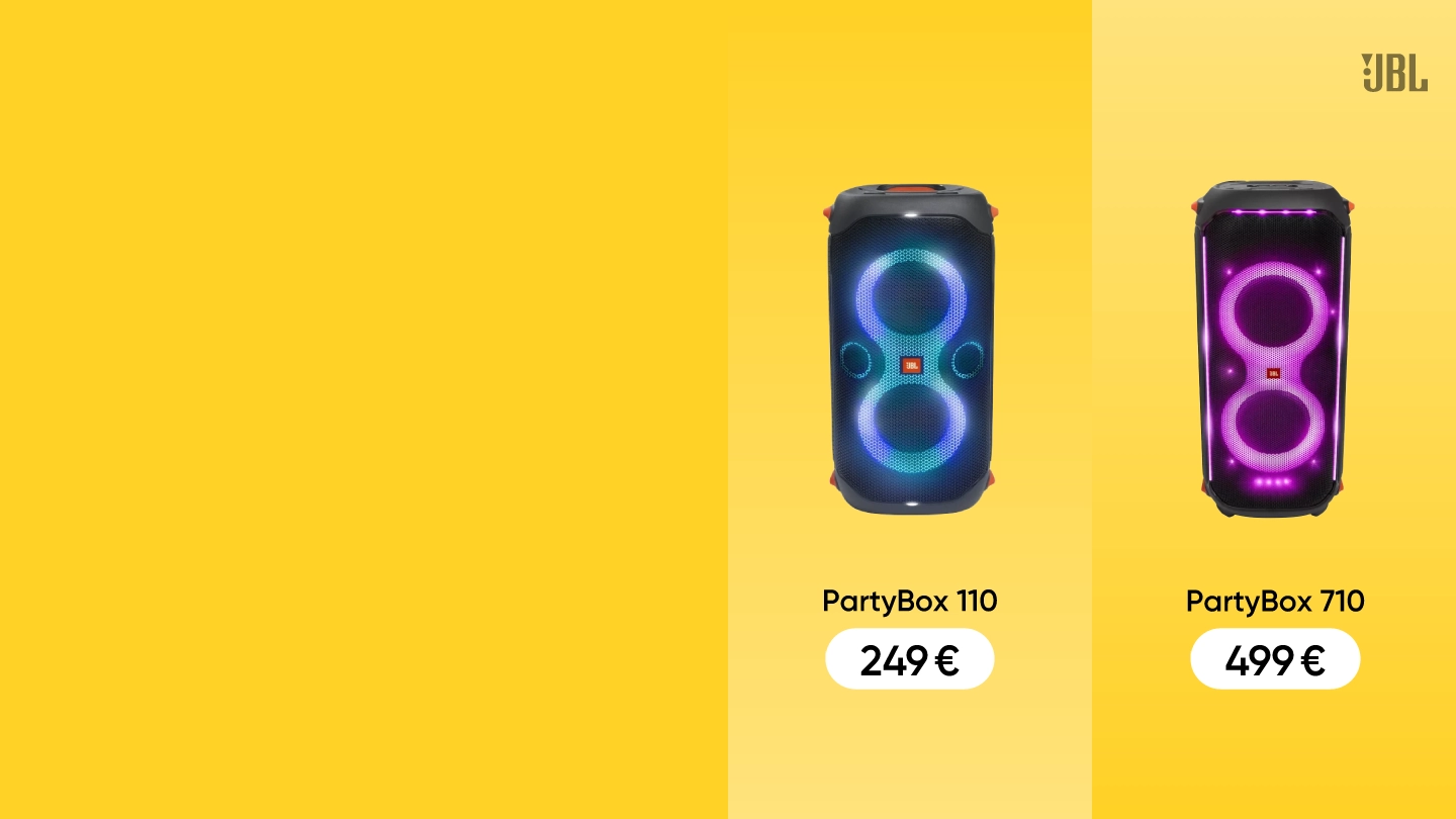 JBL skaļruņi PartyBox 110, 310 un 710 ar LED apgaismojumu un cenām: 249 €, 389 €, 499 € uz dzeltena fona.