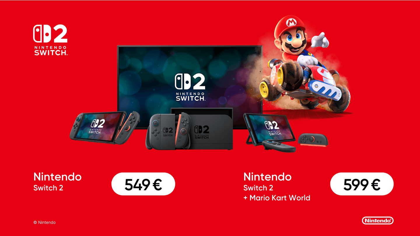 Nintendo Switch 2 konsole un tās variācijas, piedāvājums ar Mario Kart World spēli, Nintendo Switch 2 cena 549 EUR, komplektā ar Mario Kart World 599 EUR, priekšplāna labajā pusē Super Mario tēls uz kartinga