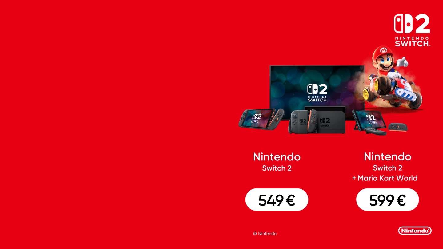 Nintendo Switch 2 konsole un tās variācijas, piedāvājums ar Mario Kart World spēli, Nintendo Switch 2 cena 549 EUR, komplektā ar Mario Kart World 599 EUR, priekšplāna labajā pusē Super Mario tēls uz kartinga