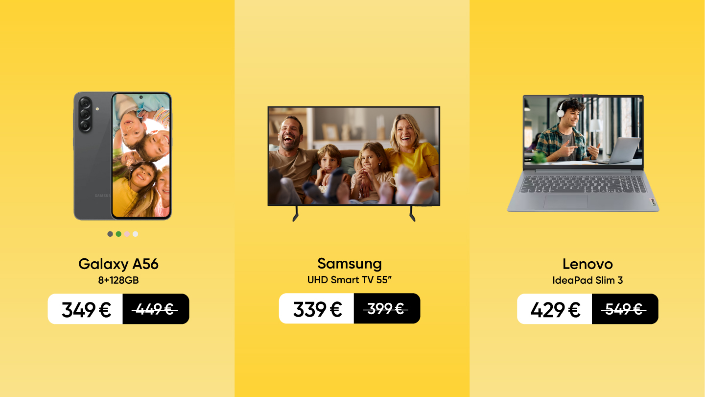 Galaxy A56 telefons 349 €. Samsung UHD viedtelevizors 55 collas 339 €. Lenovo IdeaPad Slim 3 portatīvais dators 429 €. Cena ar atlaidi.