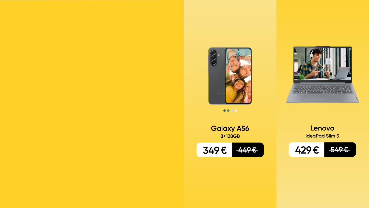 Galaxy A56 telefons 349 €. Samsung UHD viedtelevizors 55 collas 339 €. Lenovo IdeaPad Slim 3 portatīvais dators 429 €. Cena ar atlaidi.