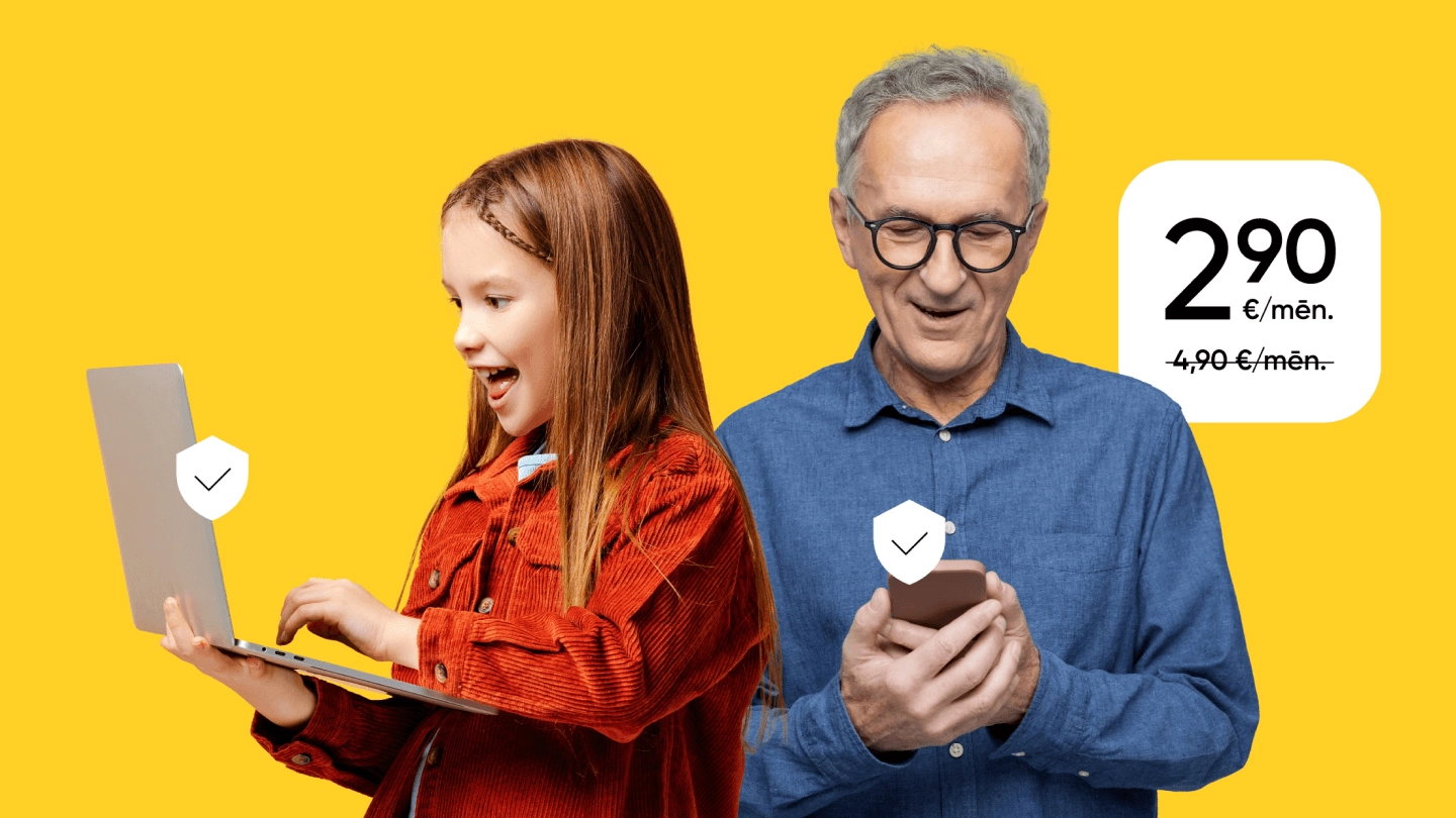 Meitene pie datora un vīrietis ar telefonu smaida, fonā spilgti dzeltens fons un cena 2,90 €/mēn
