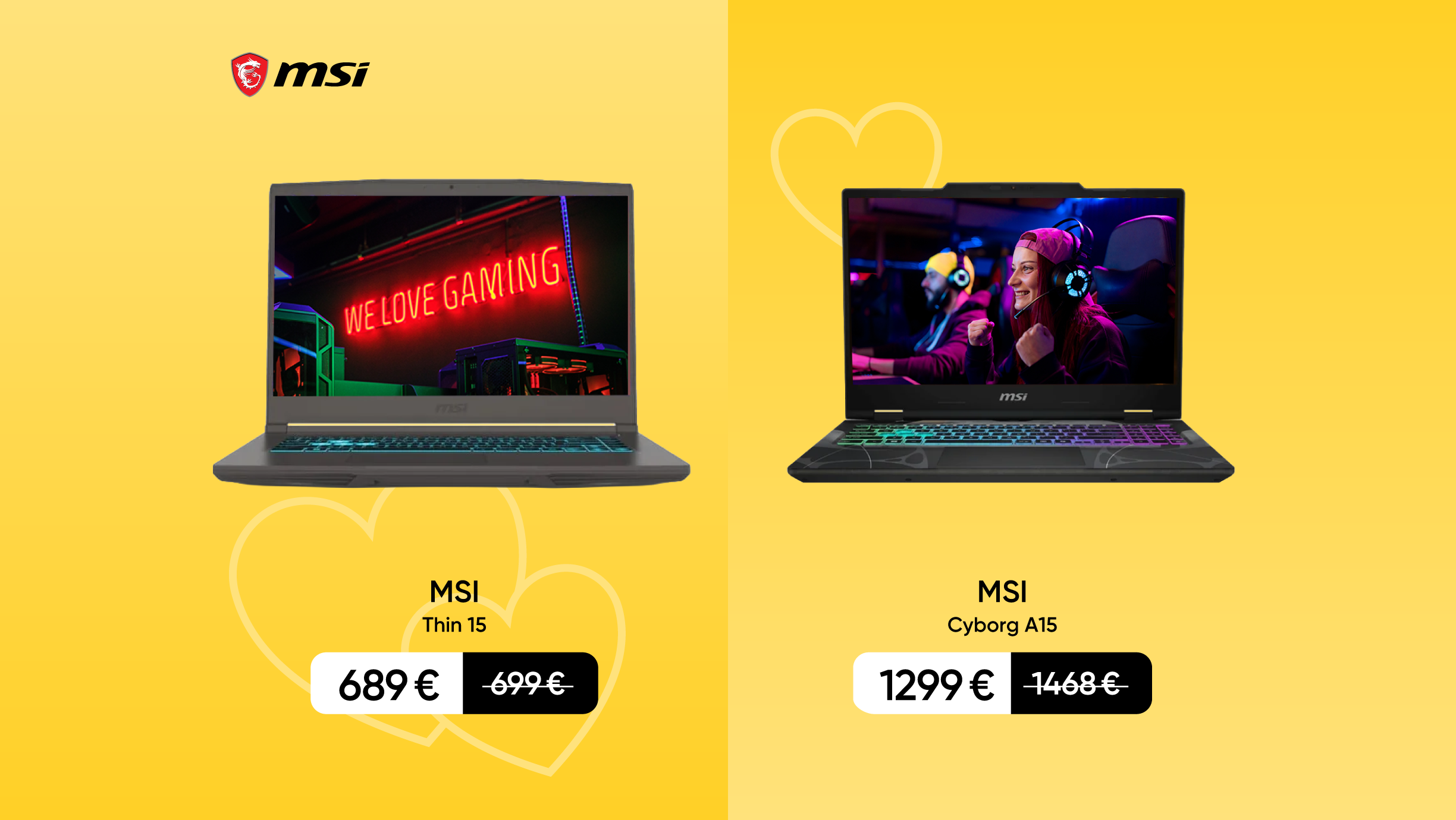 Uz gaiši dzeltena fona divi MSI datori. 