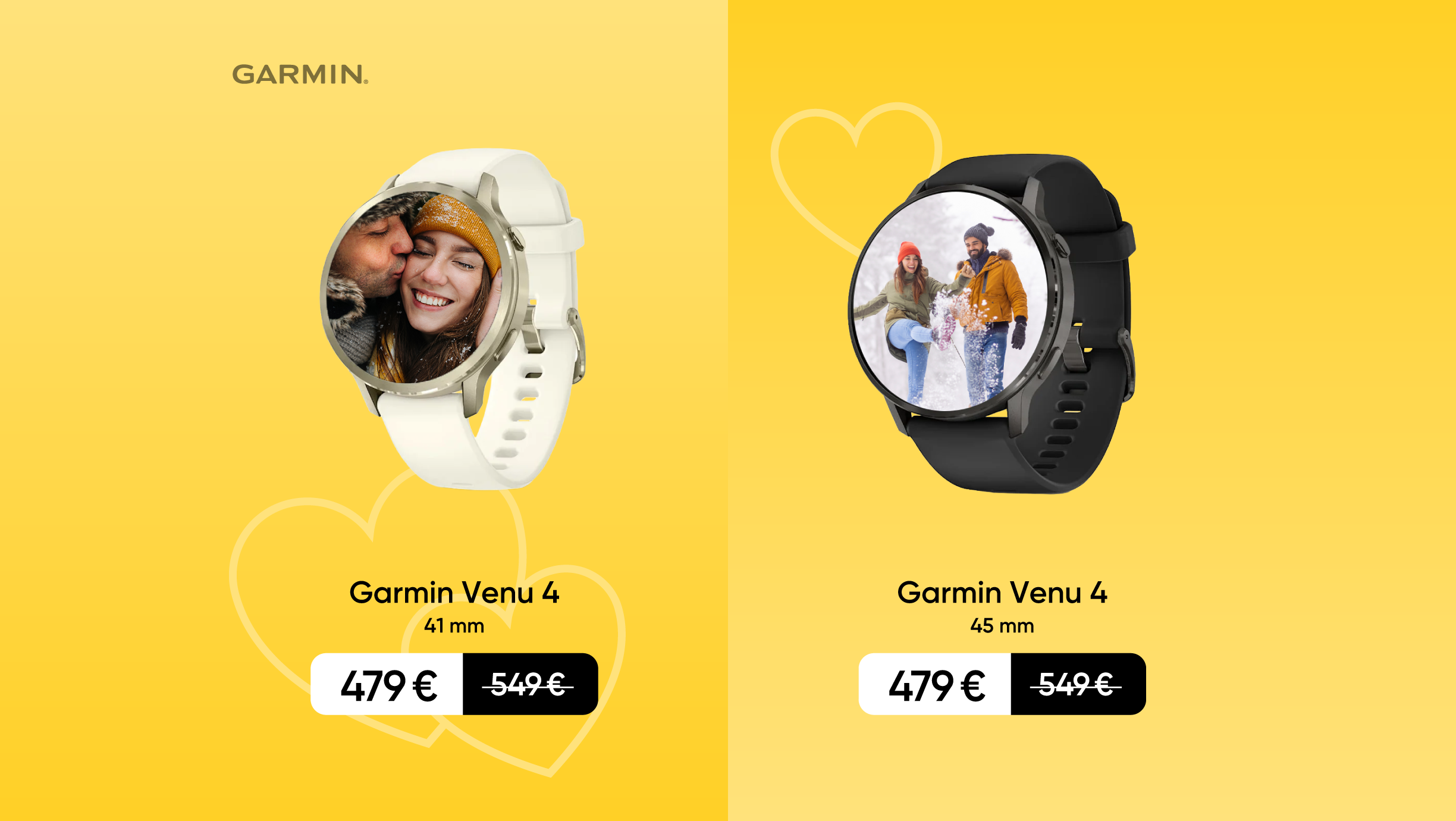 Uz gaiši dzeltena fona divi Garmin viedpulksteņi.