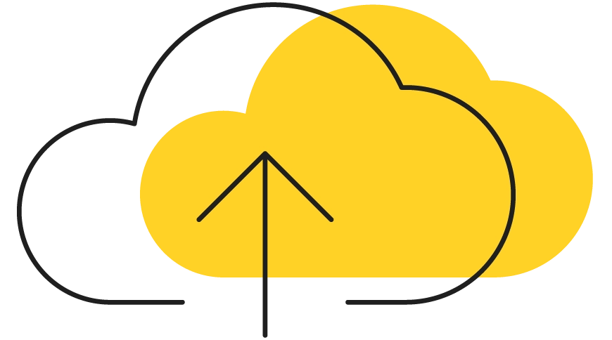 Dzeltenu mākoņu ikona ar melnu kontūru un augšupvērstu bultu centrā, simbolizējot mākoņpakalpojumus.