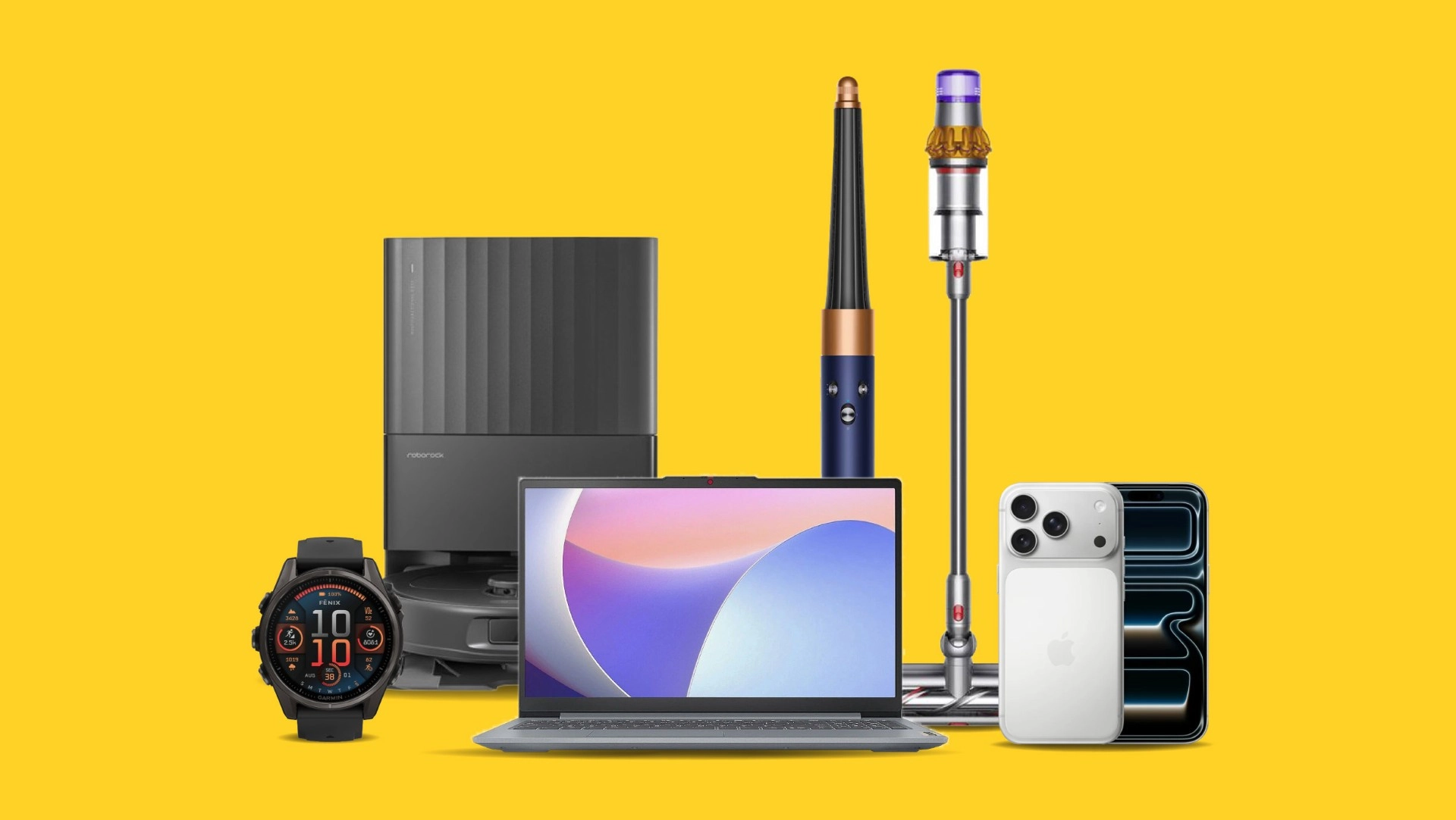 Balta pastkaste ar sniegu, eglītes zariem un Ziemassvētku bumbām uz dzeltena fona.