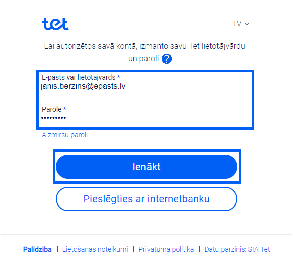 Mans Tet lietotājvārda un paroles ievadīšana