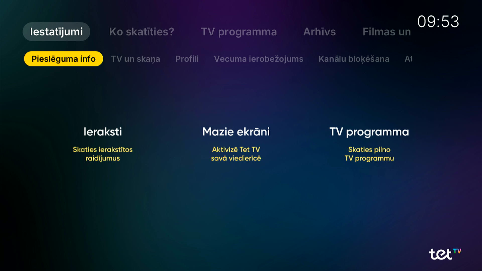 Tet TV skats televizorā, iestatījumu skats