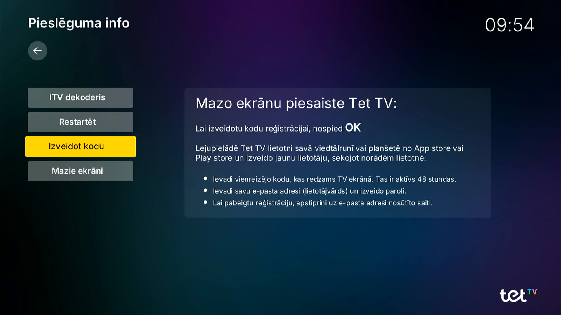 Tet TV skats televizorā, pieslēguma info skats